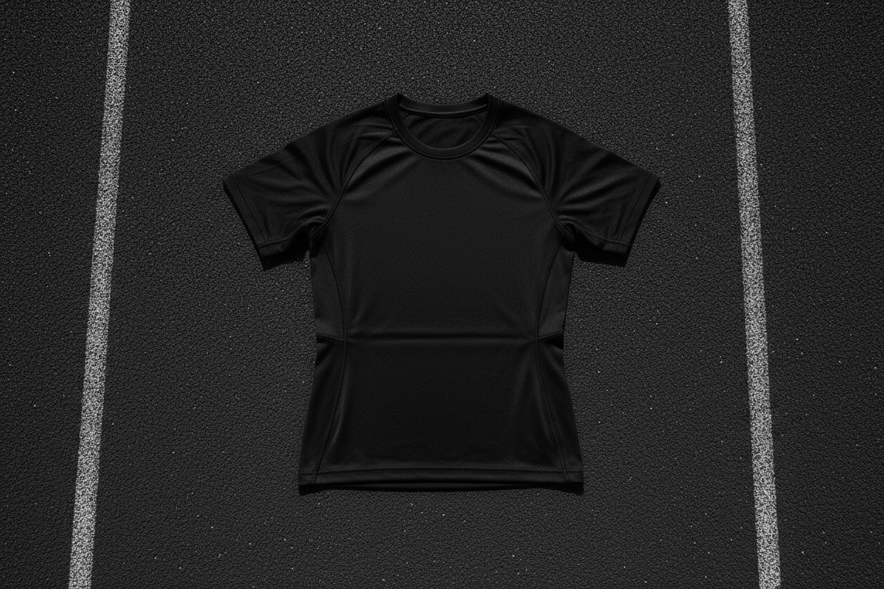 Black compression t-shirt flat lay