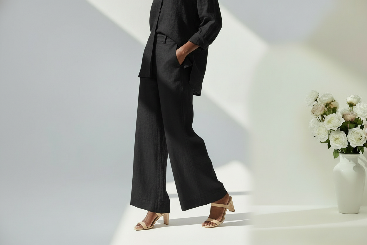 Black linen pants detail with hand in pocket and vase