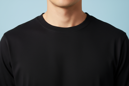 Black t-shirt neckline and chest detail close-up