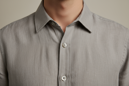 Grey linen shirt collar and button detail close-up