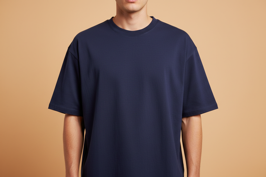 Navy blue 240gsm oversized t-shirt neckline and fabric detail close-up
