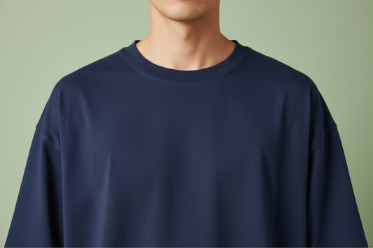 Navy blue oversized drop shoulder t-shirt neckline and shoulder detail close-up