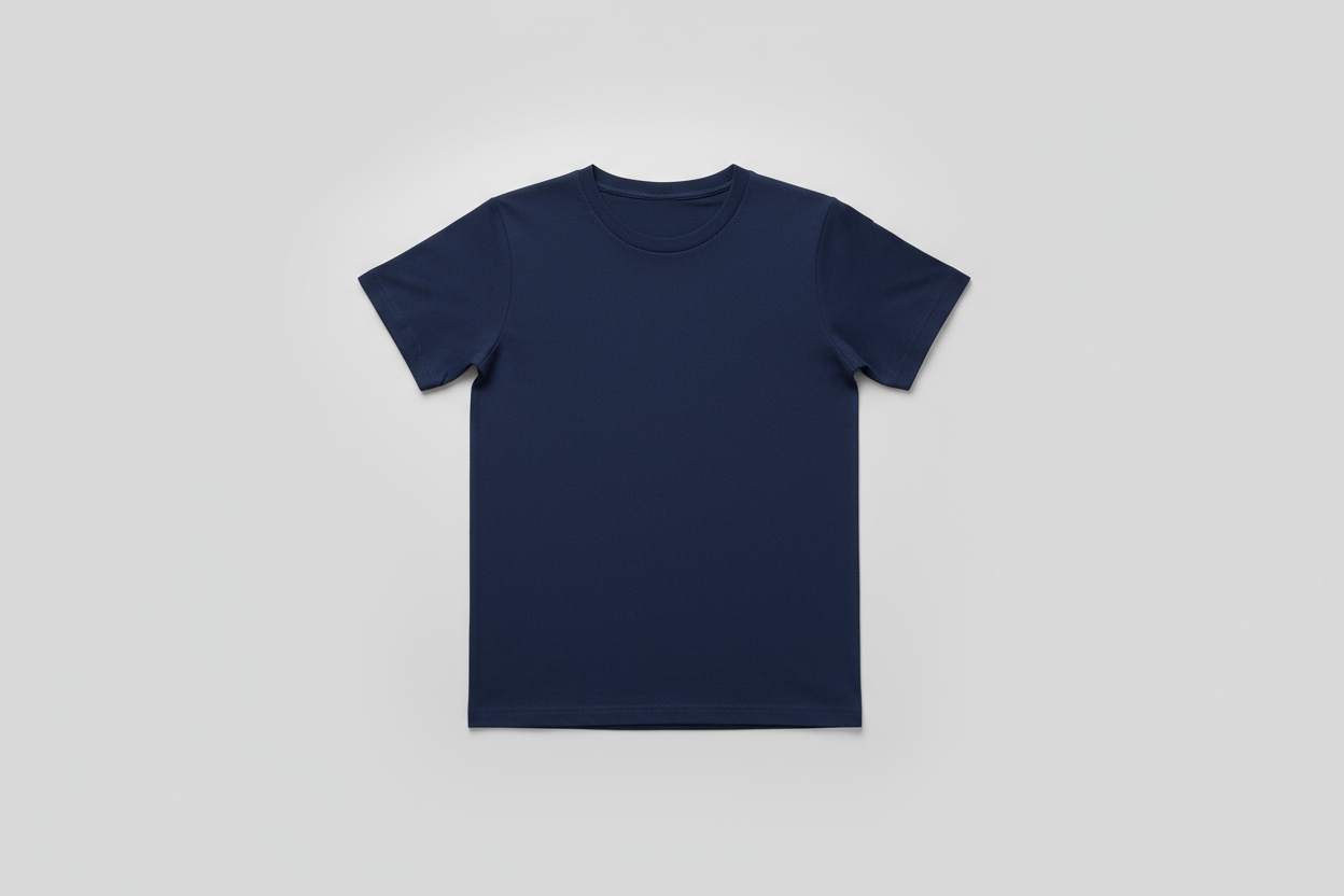 Navy blue fitted t-shirt flat lay product view
