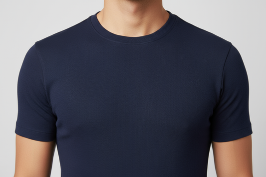 Navy blue t-shirt neckline and chest detail close-up