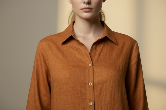 Orange-brown linen shirt close-up detail