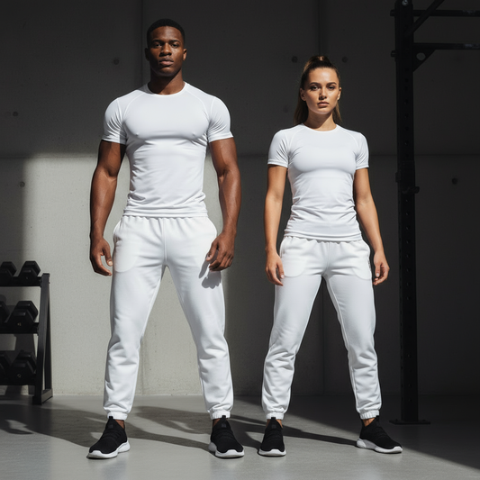 White compression t-shirt on male and female models in gym