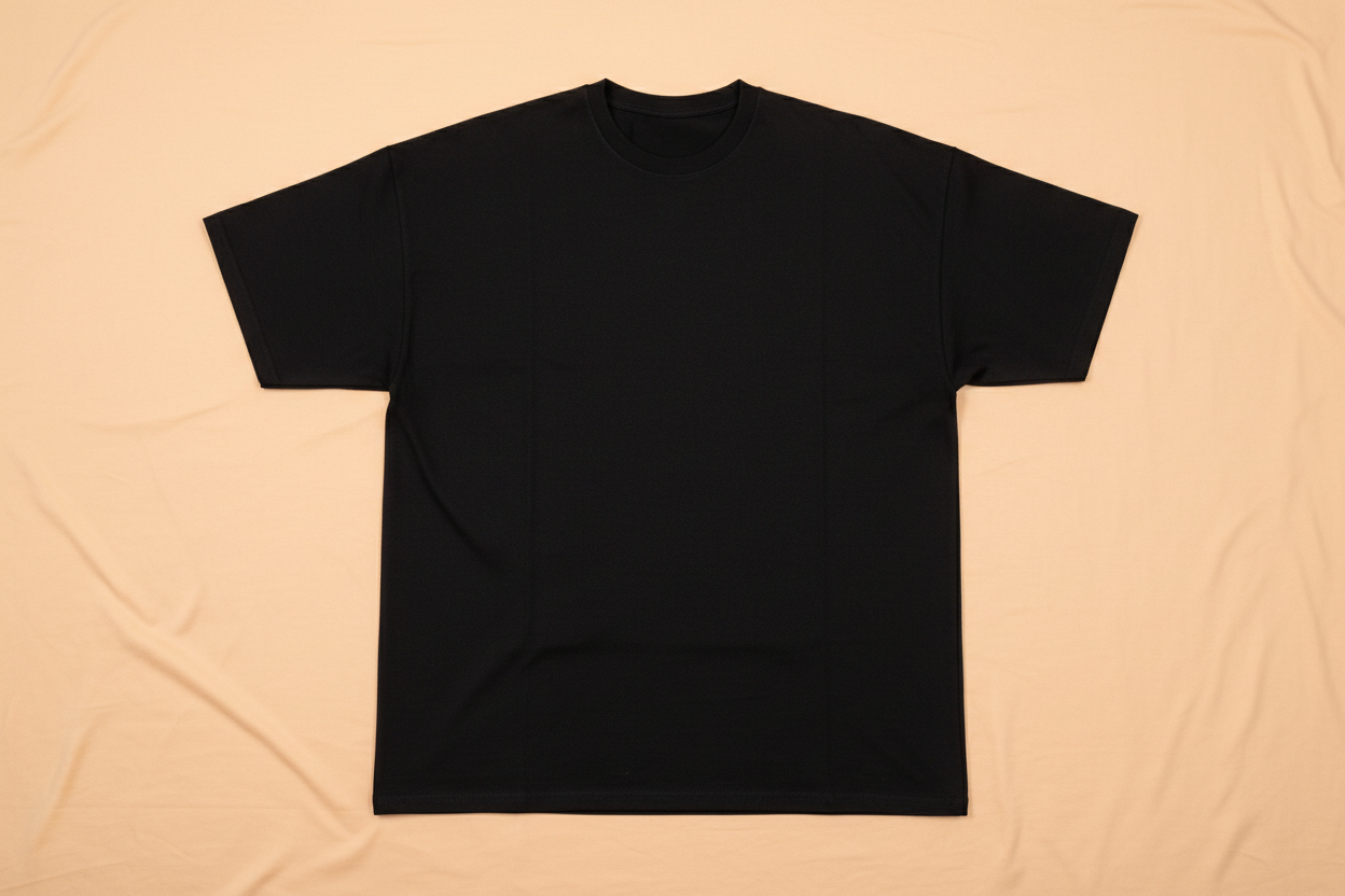 Black 240gsm oversized t-shirt flat lay longer length