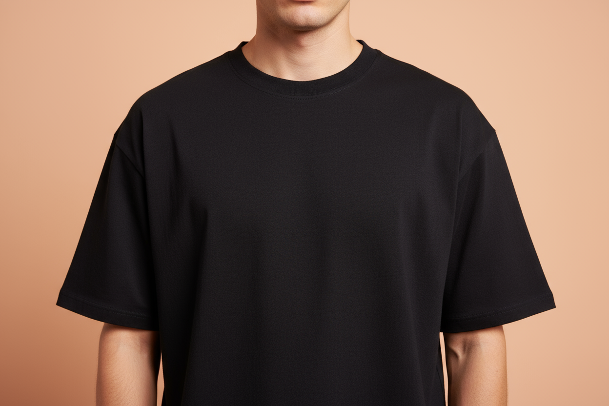 Black 240gsm oversized t-shirt front detail corrected