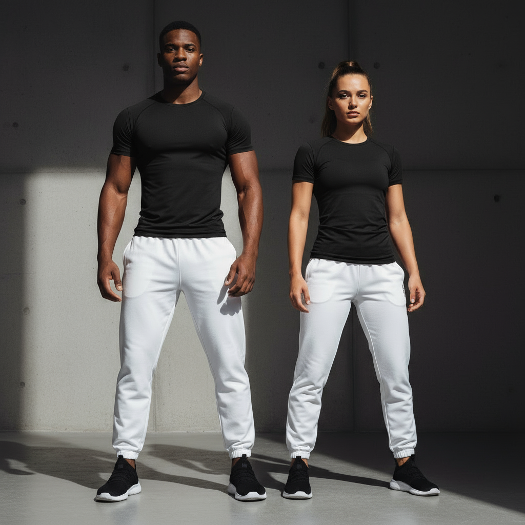 Black compression t-shirt on male and female models in gym