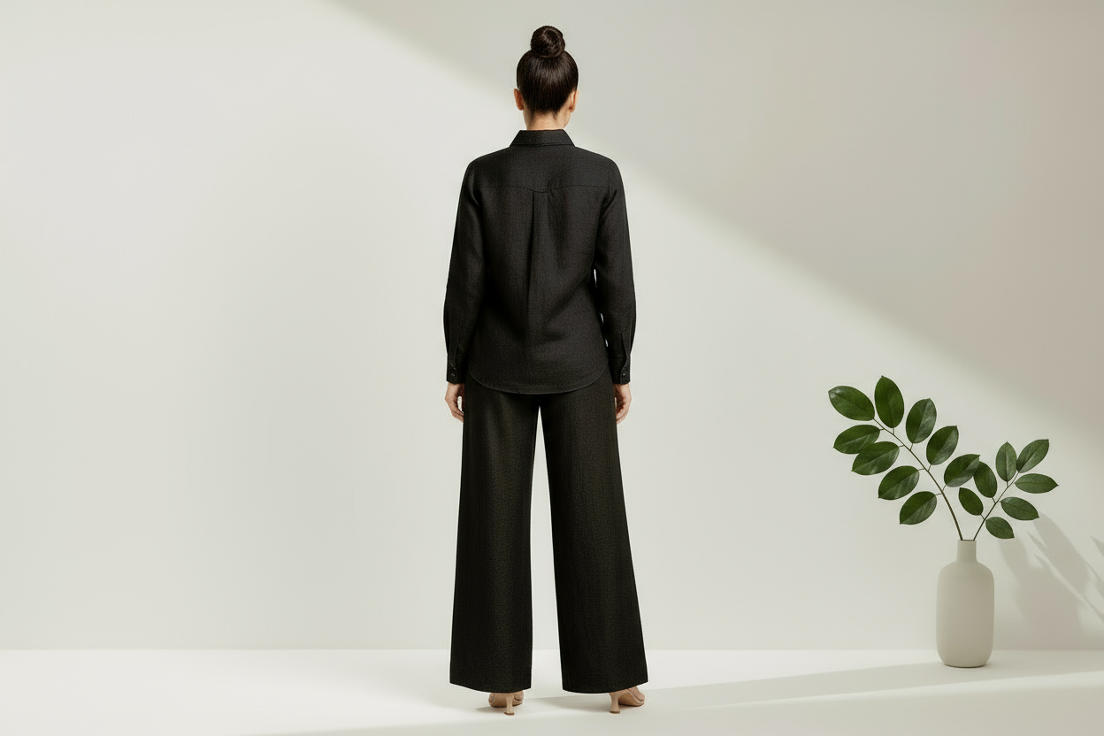 Black linen co-ord back view