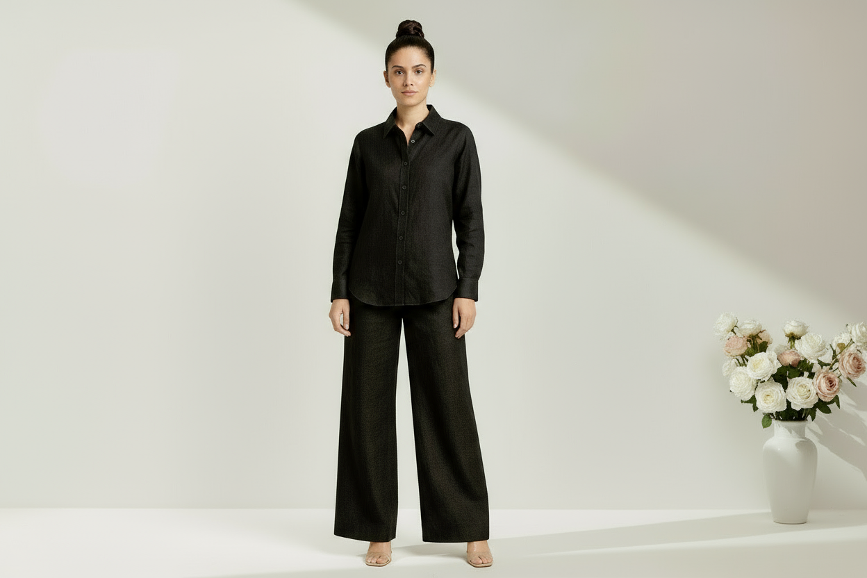Black linen co-ord front view