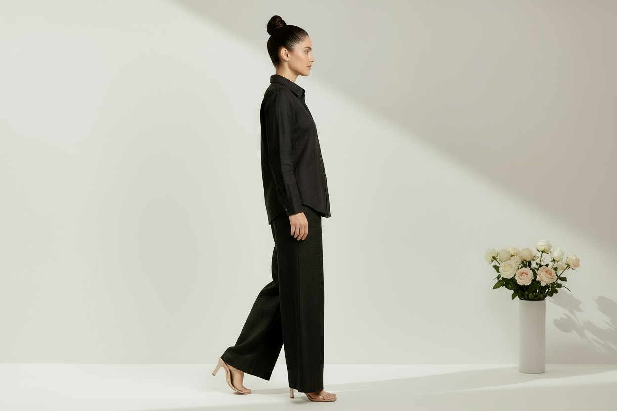 Black linen co-ord side profile