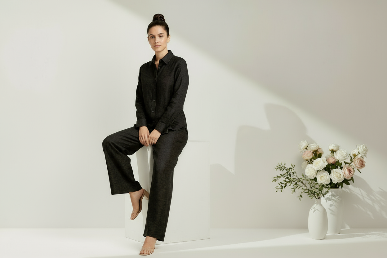 Black linen co-ord sitting pose corrected