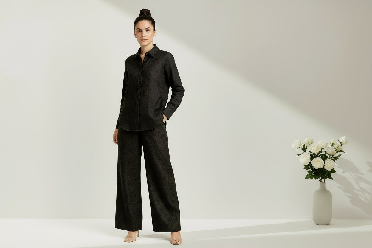 Black linen co-ord three-quarter view