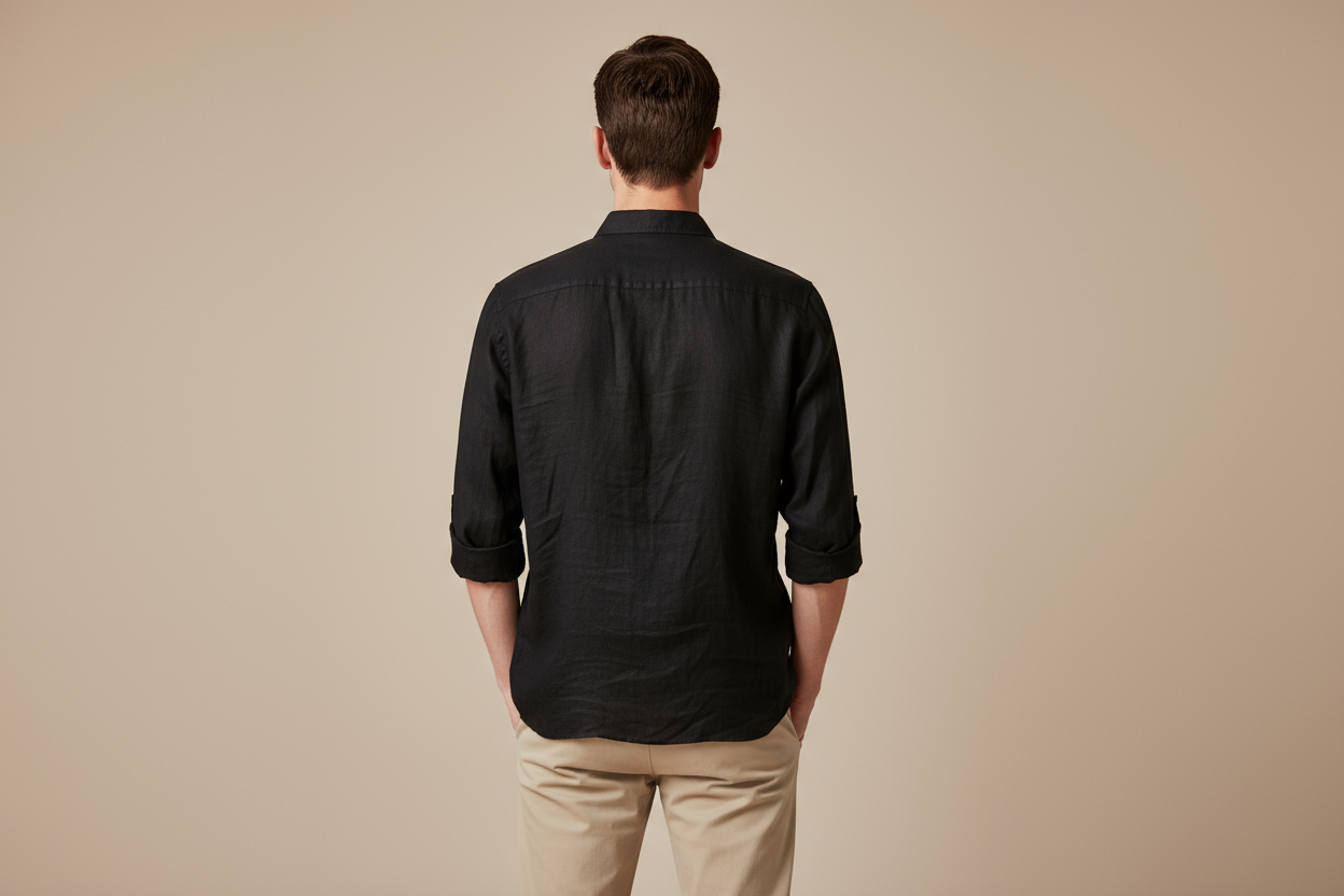 Black linen shirt back view showing fit and drape