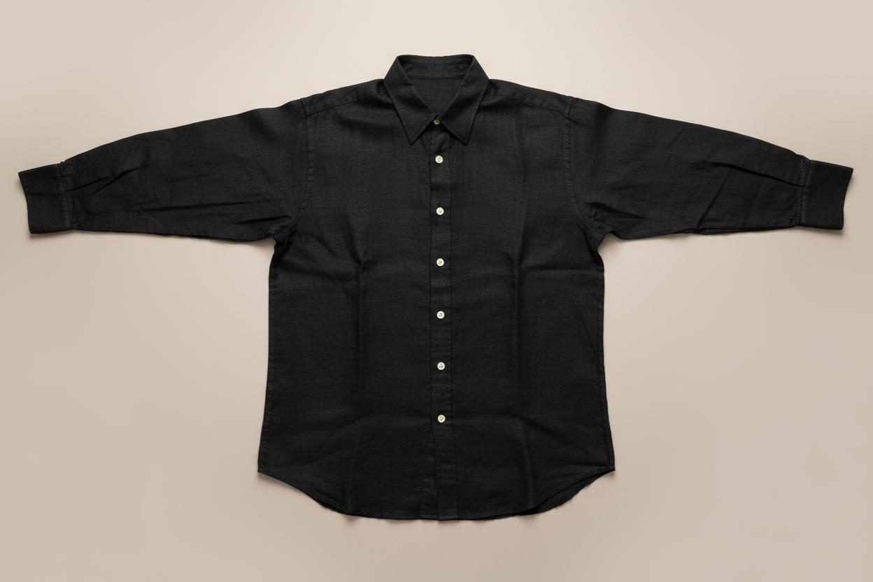 Black pure linen shirt flat lay product view