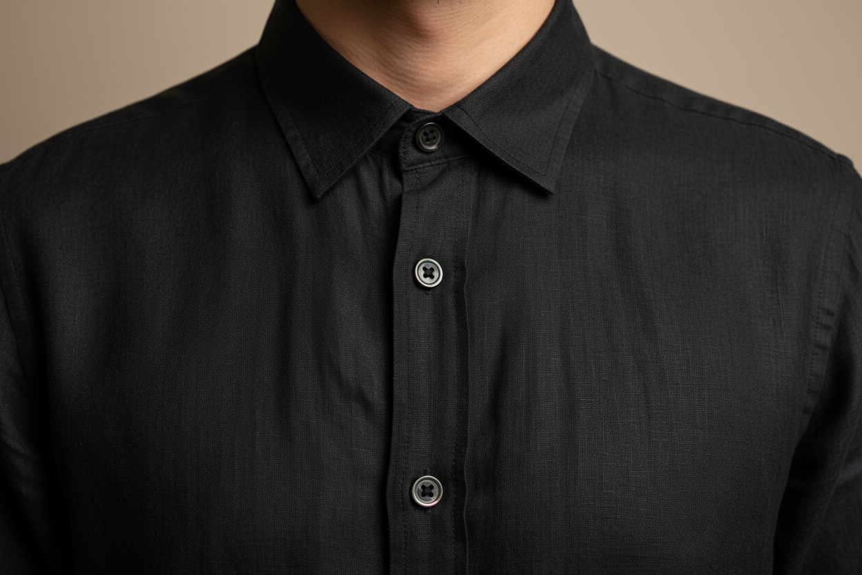 Black linen shirt collar and button detail close-up
