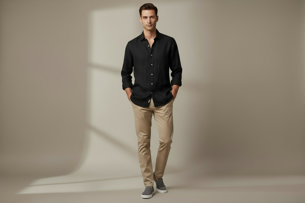 Men's black pure linen shirt with rolled sleeves and beige chinos