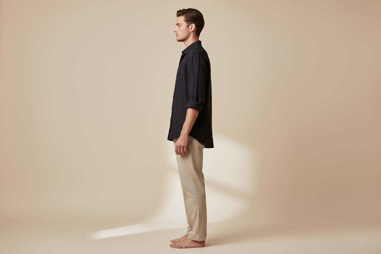 Black linen shirt side profile showing silhouette