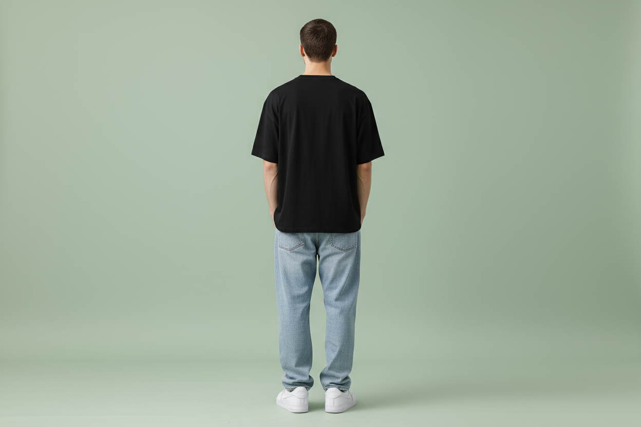 Black oversized drop shoulder t-shirt back view showing fit