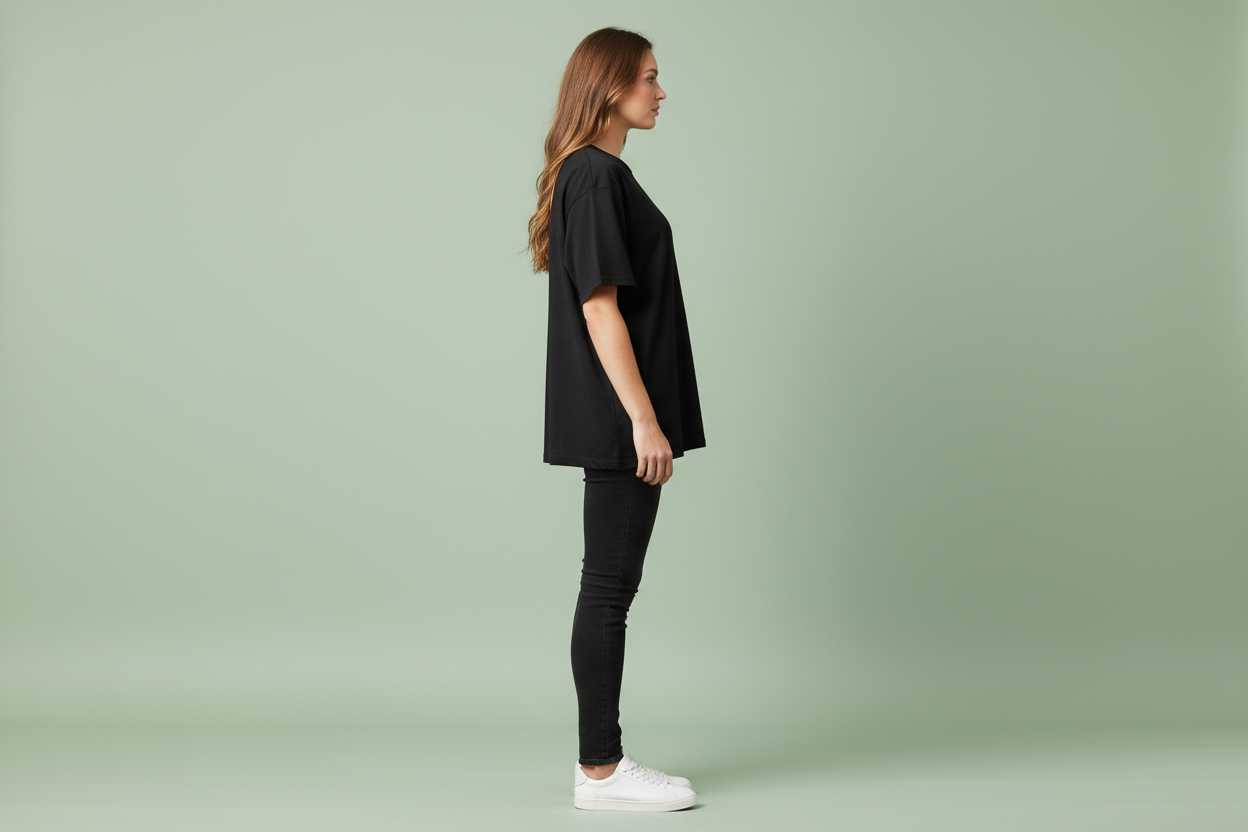 Black oversized drop shoulder t-shirt side profile on female model