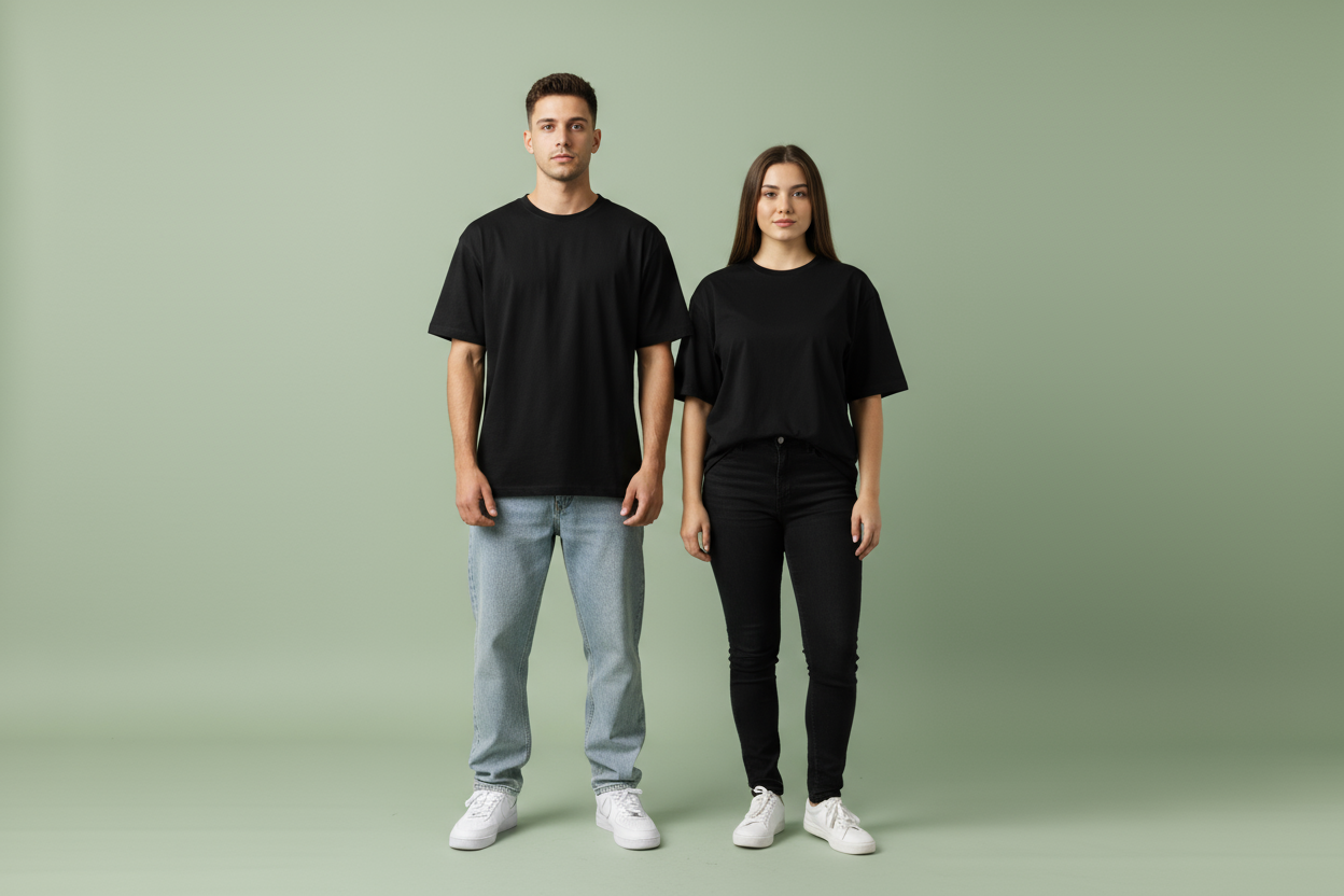 Unisex black oversized drop shoulder t-shirt on male and female models