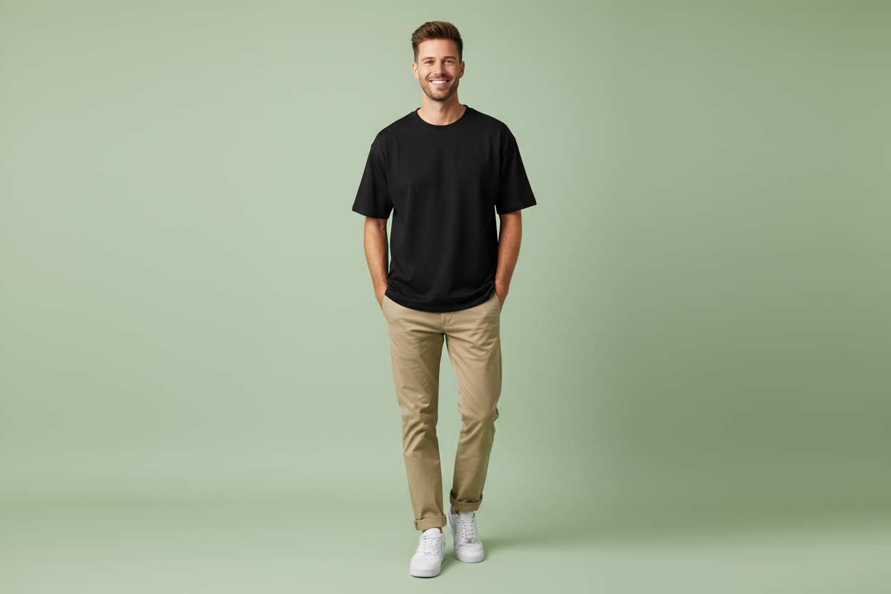 Black oversized drop shoulder t-shirt styled with beige chinos