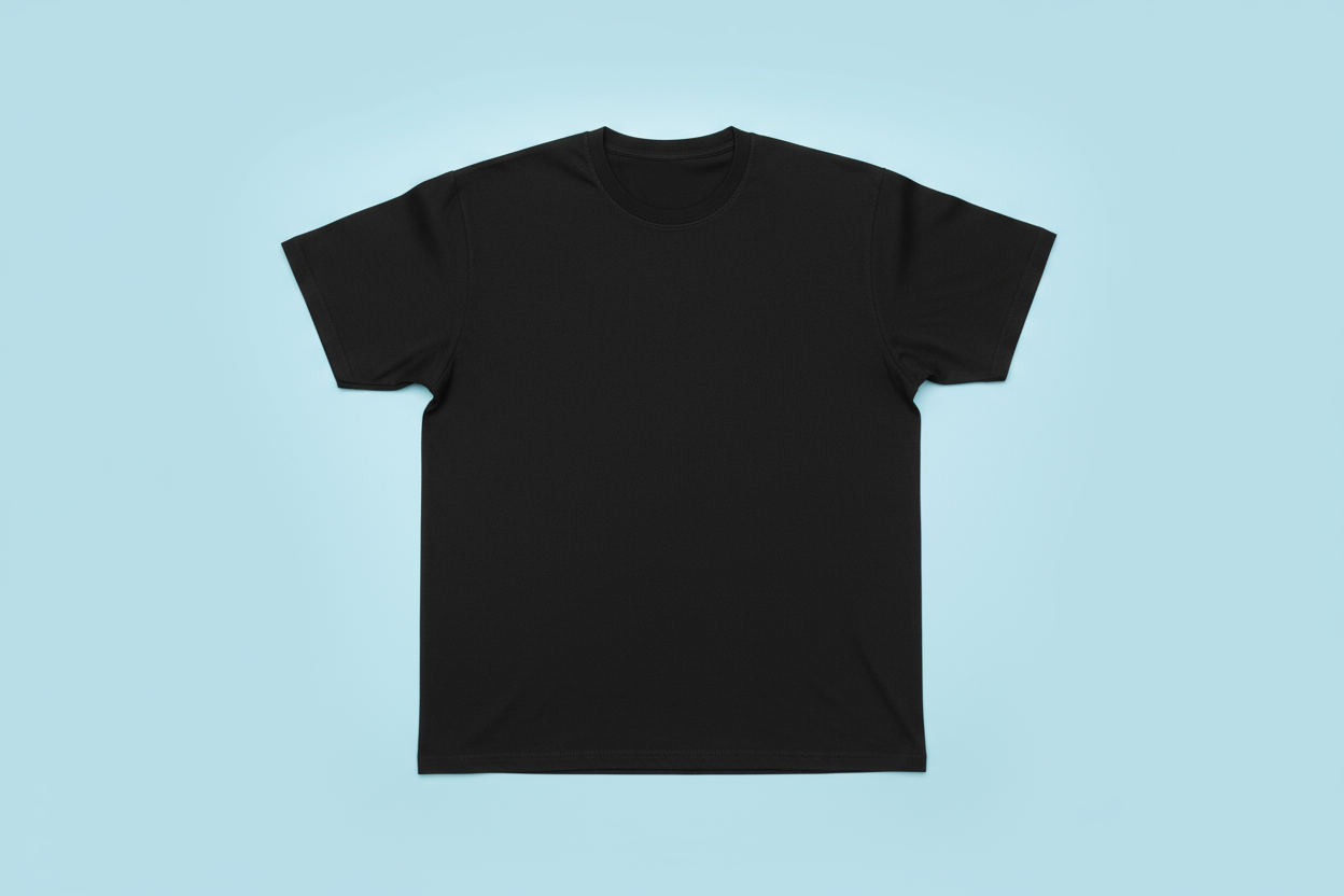 Black normal fit crew neck t-shirt flat lay product view
