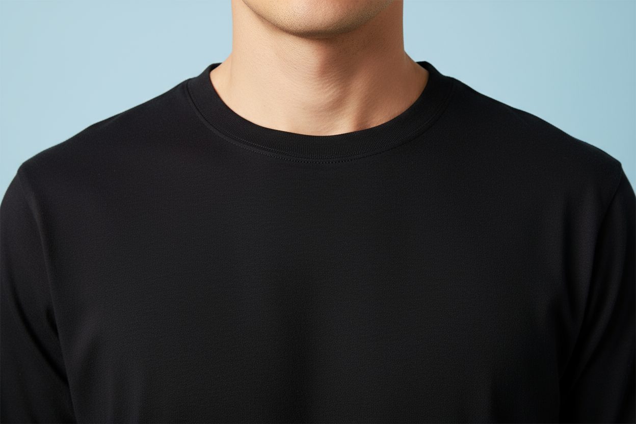 Black t-shirt neckline and chest detail close-up