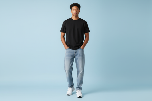 Black t-shirt hero shot with light baggy jeans