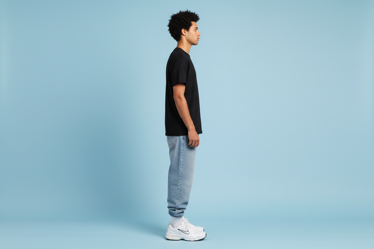 Black t-shirt side profile showing silhouette