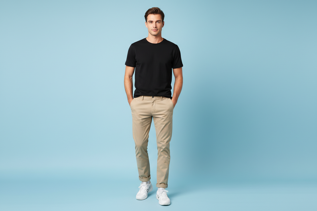 Black t-shirt styled with beige chinos casual look