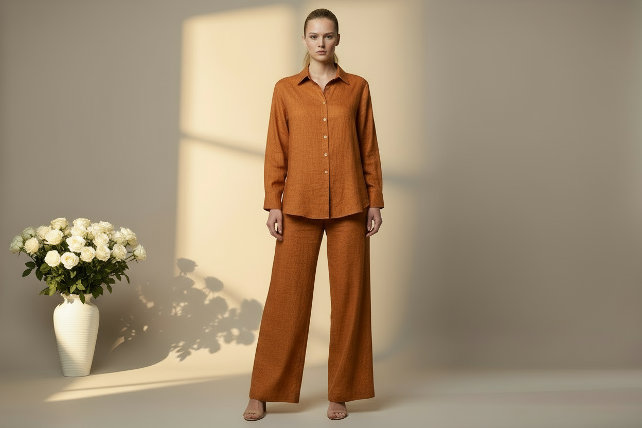 Blonde model in orange-brown linen co-ord with white roses vase