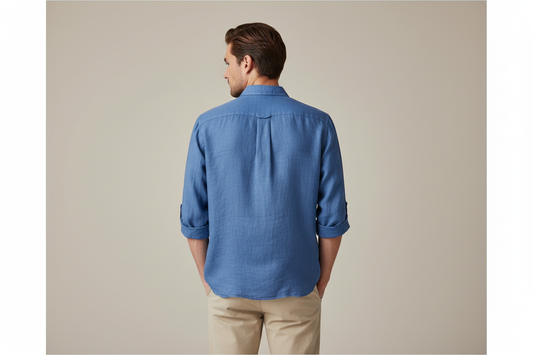 Blue linen shirt back view showing fit and drape