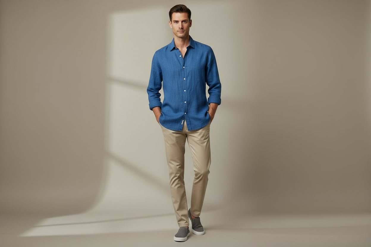 Men's blue pure linen shirt with rolled sleeves and beige chinos