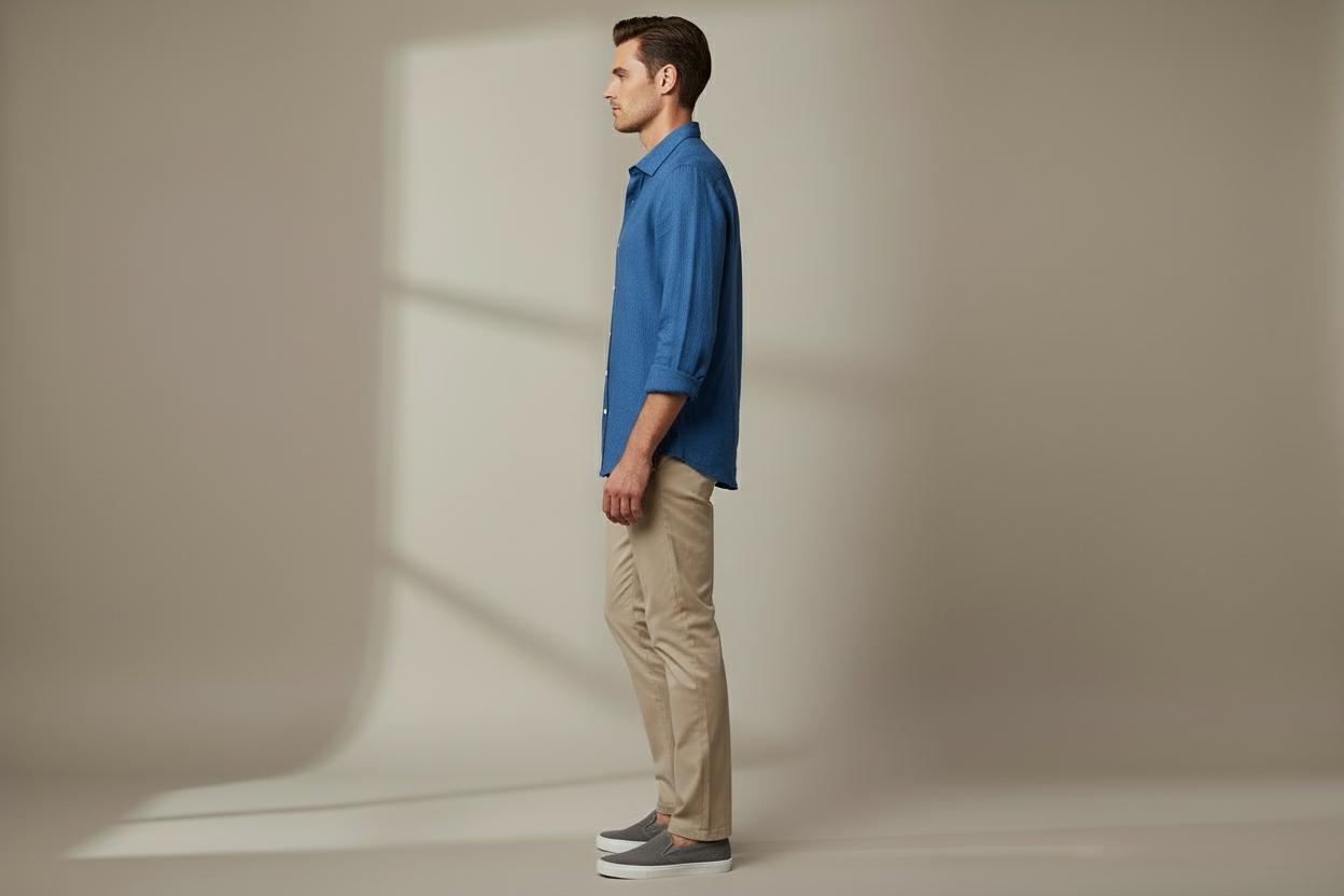 Blue linen shirt side profile showing silhouette
