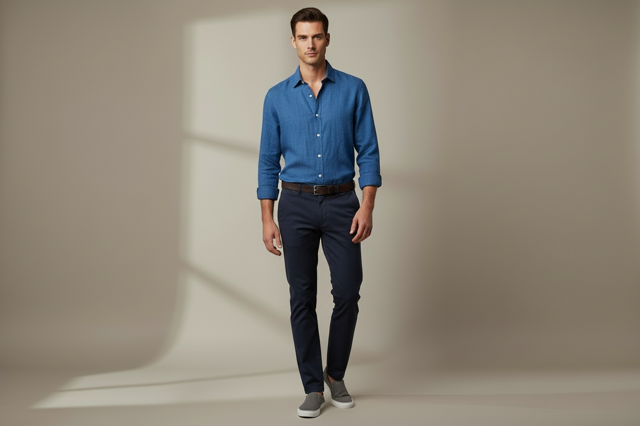 Blue linen shirt tucked in with dark chinos formal styling