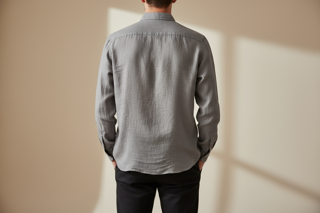 Grey linen shirt back view showing fit and drape