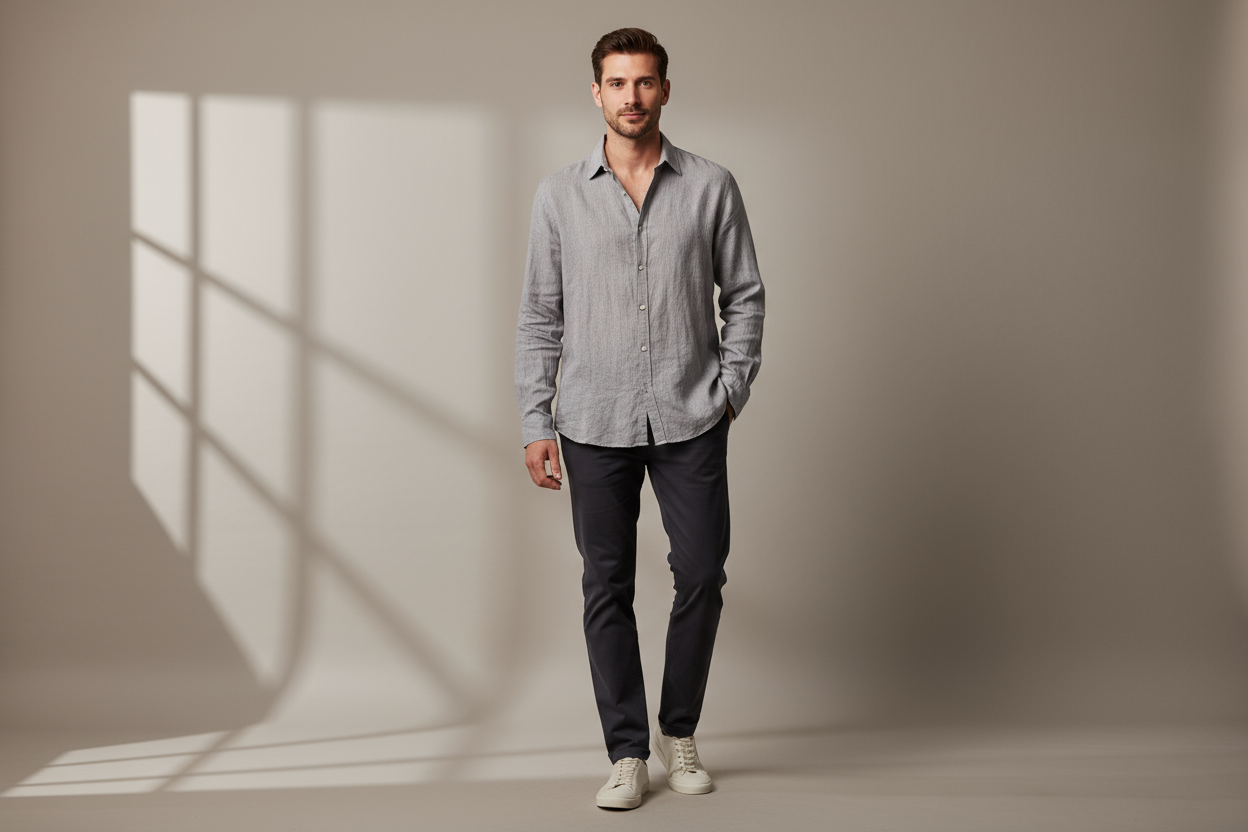 Men's grey pure linen shirt with long sleeves and dark pants