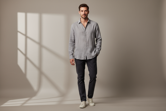Men's grey pure linen shirt with long sleeves and dark pants