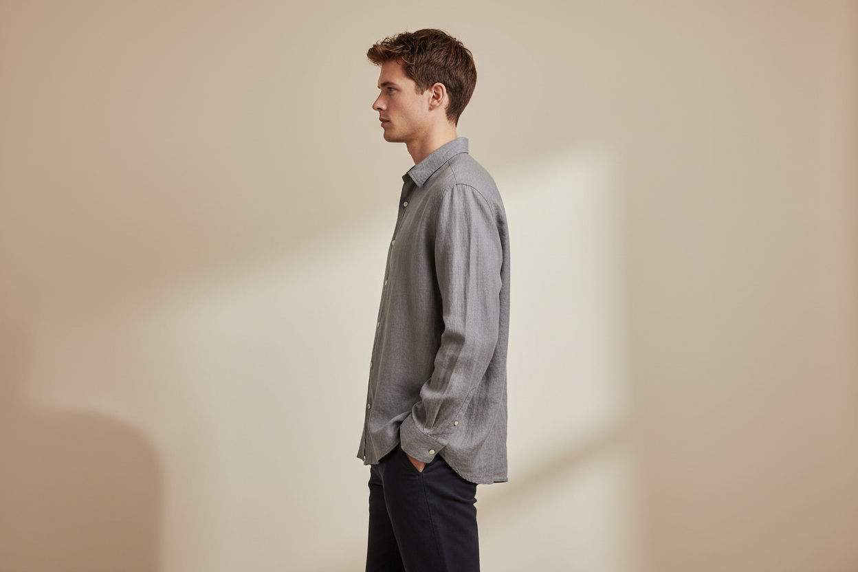 Grey linen shirt side profile showing silhouette