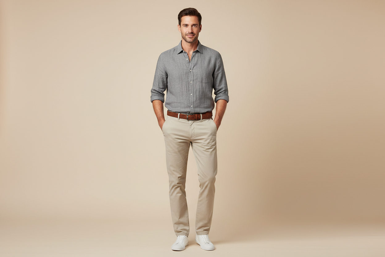Grey linen shirt with rolled sleeves casual styling