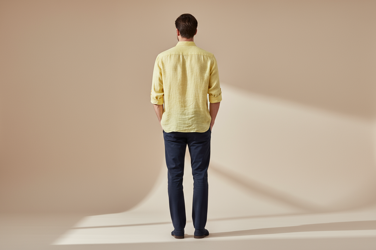 Light yellow linen shirt back view showing fit and drape