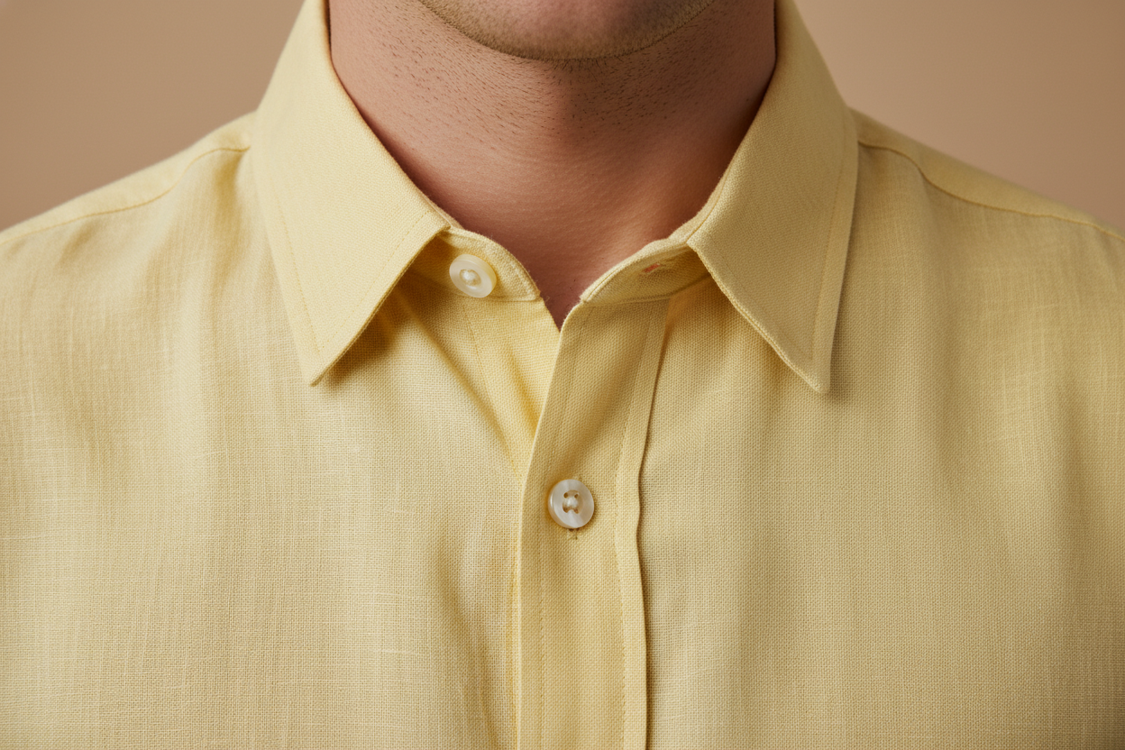 Light yellow linen shirt collar and button detail close-up