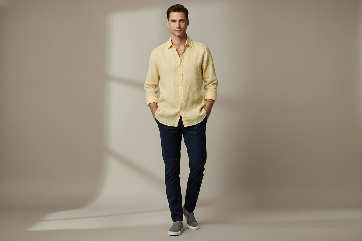 Men's light yellow pure linen shirt with rolled sleeves and navy chinos
