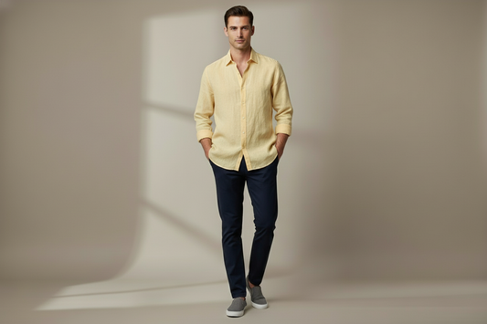 Men's light yellow pure linen shirt with rolled sleeves and navy chinos
