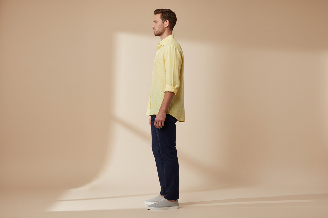 Light yellow linen shirt side profile showing silhouette