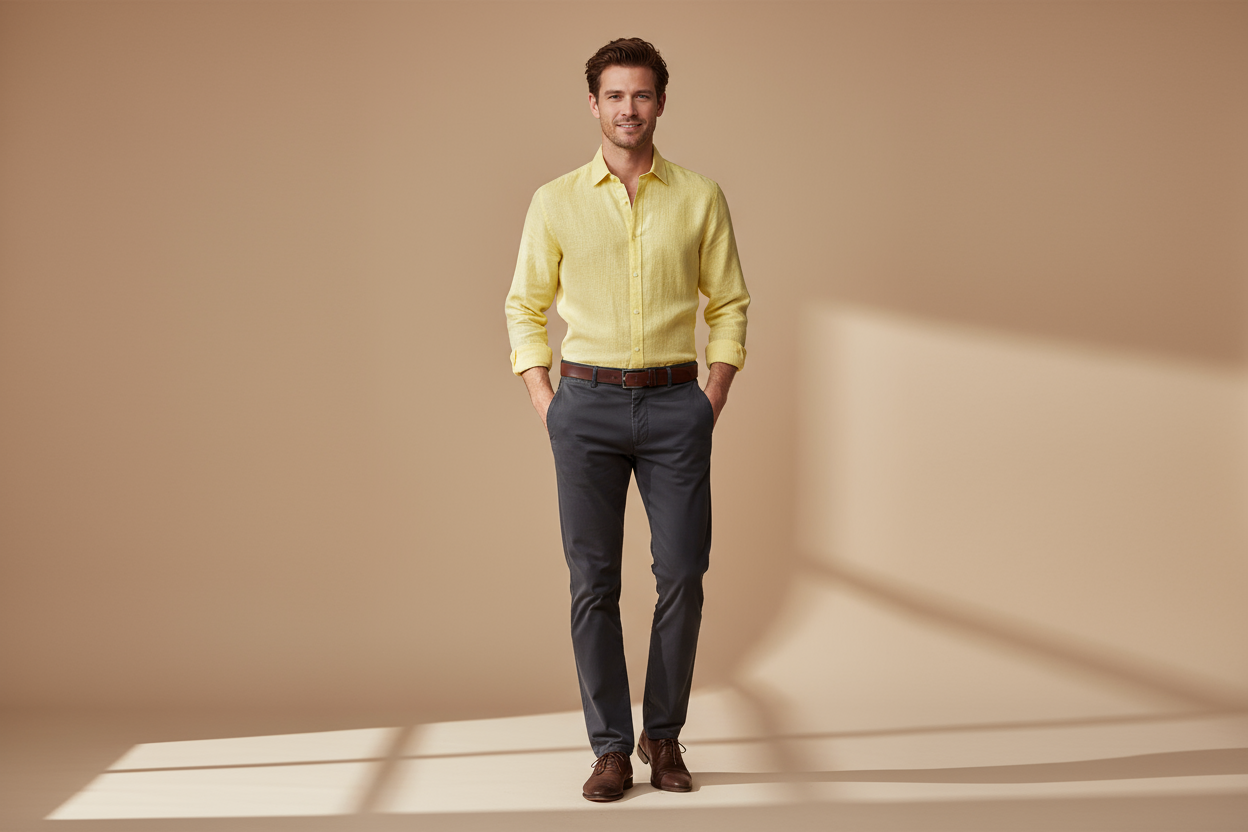 Light yellow linen shirt tucked in with dark chinos formal styling