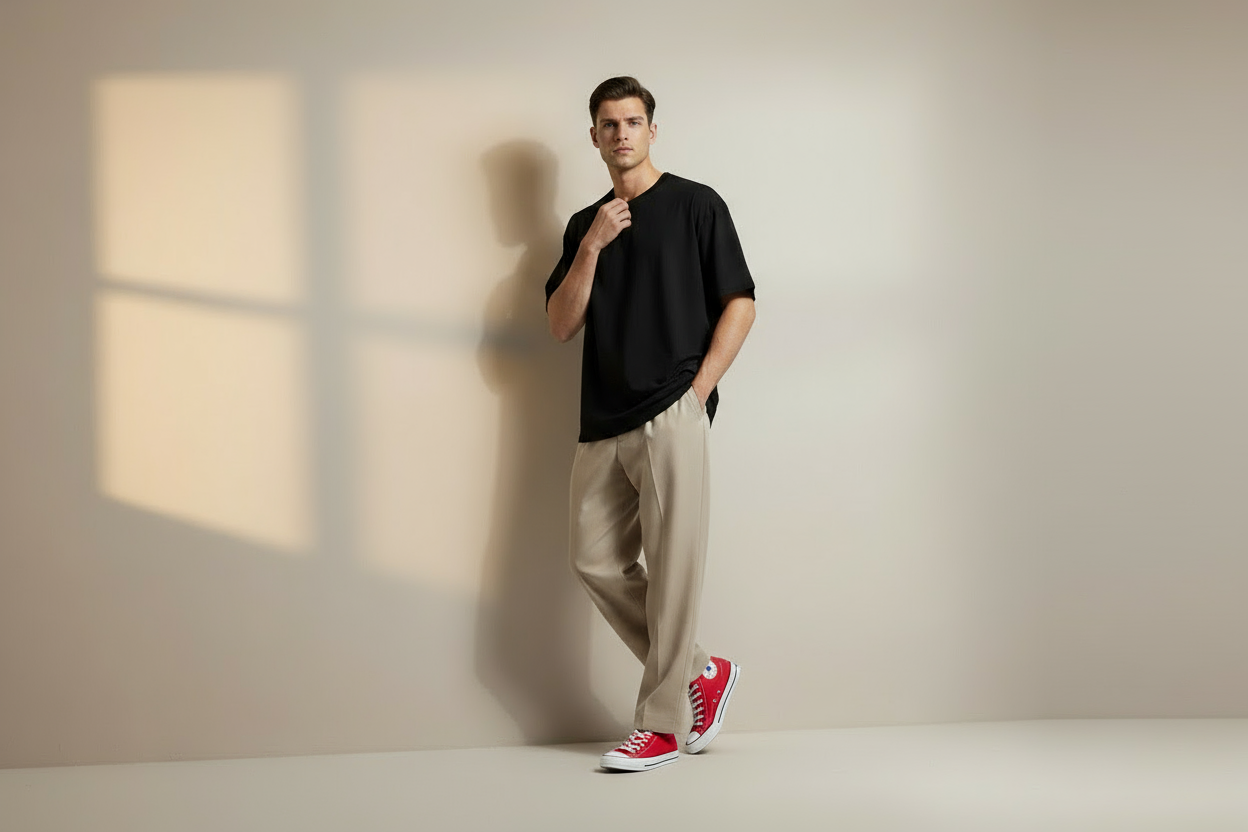 Male model in black oversized t-shirt with red shoes - natural