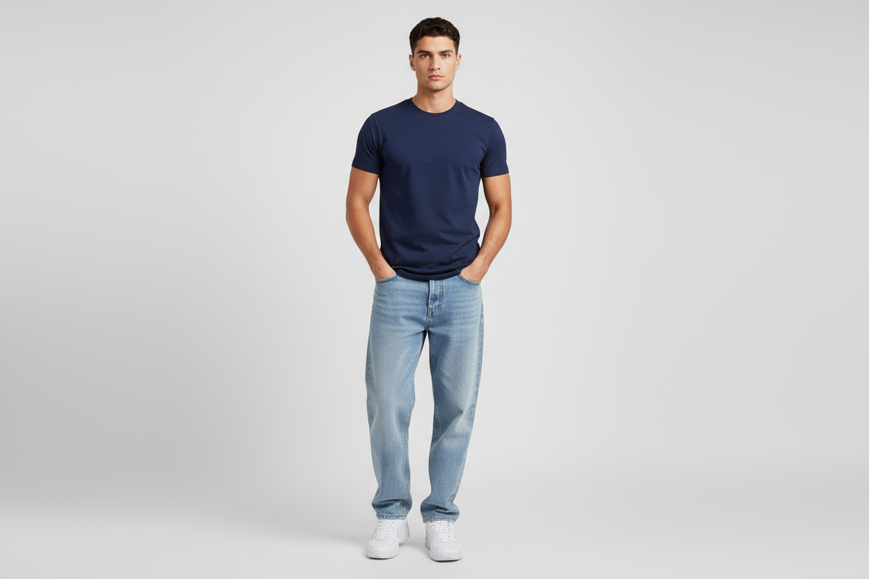 Men's navy blue fitted t-shirt with loose fit jeans 
